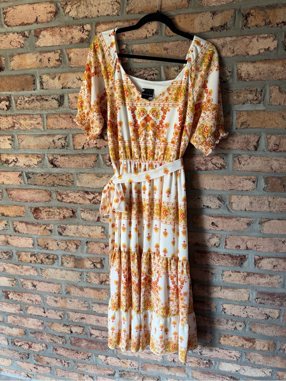White and Orange Floral Midi Dress with Tie Waist
